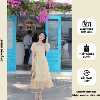 Đầm tơ nhũ hoa vàng tay bồng lendo đà nẵng v2424