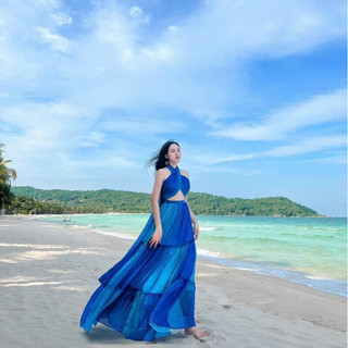 gv28.20-Đầm Maxi loang xanh yếm bèo, màu xanh