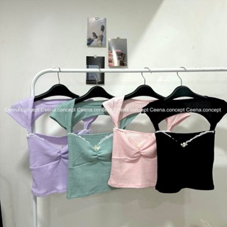 Ceena - Áo ống tube kiểu lolita đính nơ khoét lưng có 5 màu