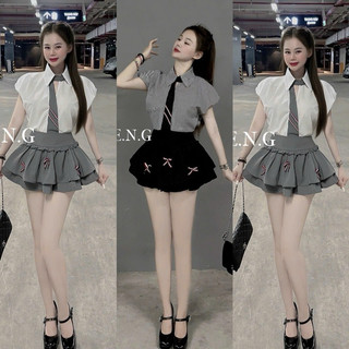 Set áo sơmi tay hến kèm cà vạt chân váy đính nơ xinh