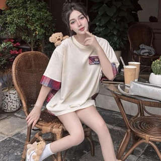 Áo thun Gấu phối kẻ caro chất dày dặn thoáng mát dáng dài rộng cổ tròn