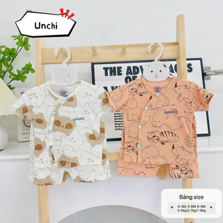 Bộ cộc tay bé trai bé gái sơ sinh Unchi chất thông hơi mềm mịn thấm hút mồ hôi co dãn bốn chiều cúc vạt chéo
