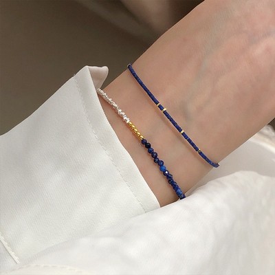 Lắc tay nữ TLEE hạt bạc vỡ mix chuỗi đá cắt giác Ngọc Lưu Ly - Lapis tự nhiên xanh lam đậm  TLEE JEWELRY LT0359