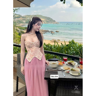 Set áo cúp ren mix chân váy von hồng xoè đi tiệc sang chảnh