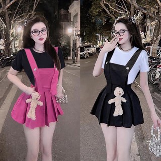 BIGSIZE HIẾU HIẾU (55-95KG) - Set bộ thời trang nữ dễ thương Áo thun tay ngắn + Yếm dạng váy dập li dáng xoè