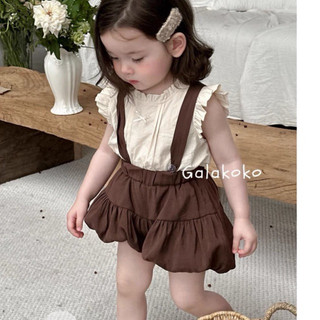 Đồ bộ bé gái sét áo cổ bè phối quần bí ngô nâu chất thô đũi mềm có kèm dây yếm mn007