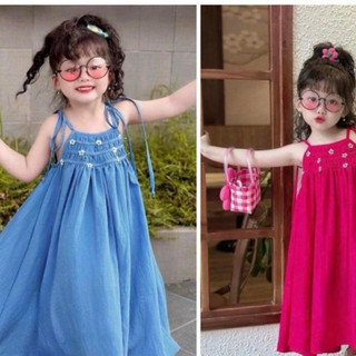 Váy bé gái, đầm bé gái maxi 2 dây thêu hoa nổi chất đũi mềm nhẹ thoáng mát mn001