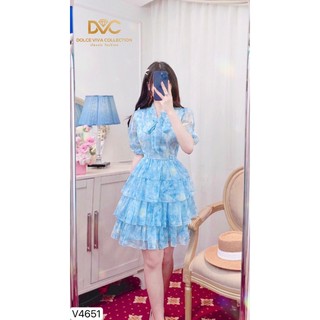 VÁY THIẾT KẾ DVC - V4651 - Váy hoa xanh xòe tầng cổ buộc no, cộc tay -  DỰ TIỆC, CÔNG SỞ, DẠO PHỐ