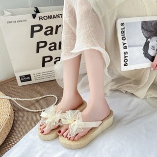   Có sẵn hàng - Hàng chuẩn loại 1  Dép xuồng xỏ ngón cao 5cm nơ voan giả cói đi biển chống trơn trượt 