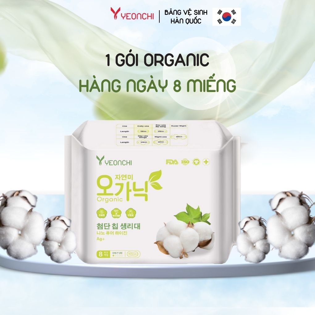 Băng vệ sinh hàng ngày 155mm Yeonchi Organic sợi bông siêu mềm siêu thấm hút siêu mỏng chỉ 0.1cm