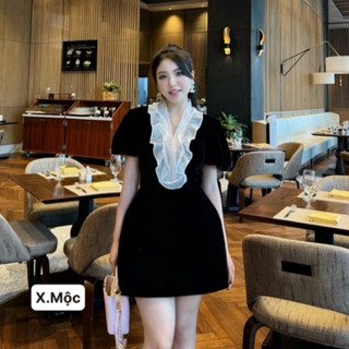 Váy cộc tay nhung phối bèo chất nhung 2 lớp video chính chủ