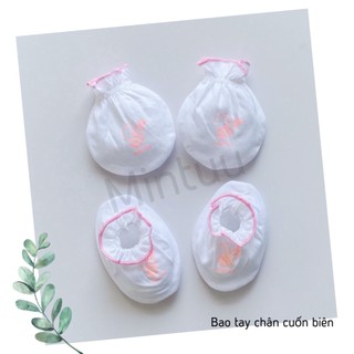 Bộ bao tay chân cho bé sơ sinh, bao tay chân cuốn biên trắng 100 % cotton hiệu MINTUU - 3111
