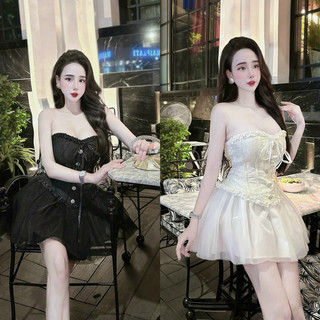 Set đồ nữ áo gấm cúp ngực kèm chân váy lưới xoè