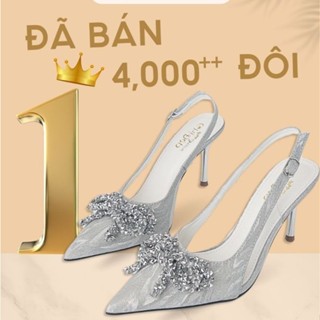 Giày cao gót Chị Đẹp Store 7 phân, chất kim tuyến kết hợp mika đính nơ, giày cưới cô dâu đi tiệc 9p mã U50