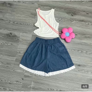Quần đùi, quần short chất liệu jean mềm mịn, xinh xắn thiết kế lưng cao kiểu dáng basic phối ren điệu đà lưng co giãn