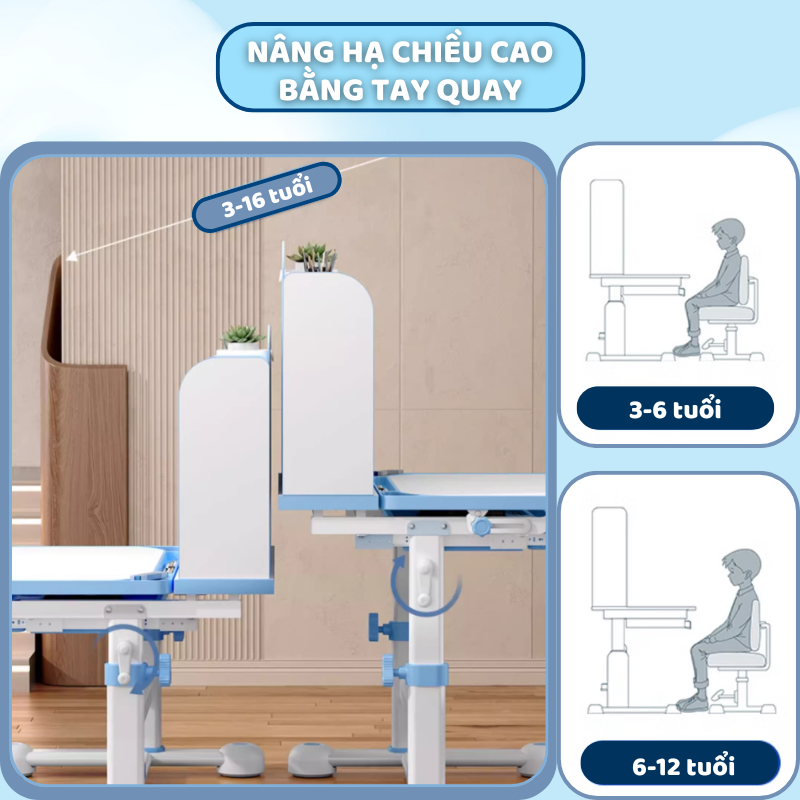 (Bản Đặc Biệt) Bộ bàn học cho bé Sakawin A16 Bàn học chống gù cho bé từ 3 đến 15 tuổi, Nâng hạ tay quay. | BigBuy360 - bigbuy360.vn
