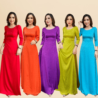Áo Dài Xanh Biển Truyền Thống Gấm Hoàng Gia Cổ Tròn Tay Lỡ Cao Cấp Kora Dress
