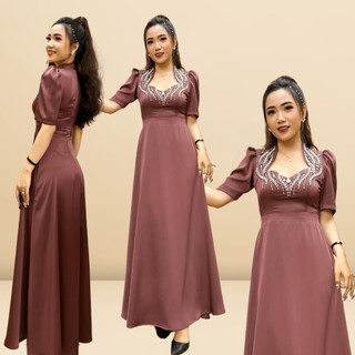 Váy dạ hội cổ nữ hoàng tay phồng màu nâu tây đính đá cao cấp rosaleen dress