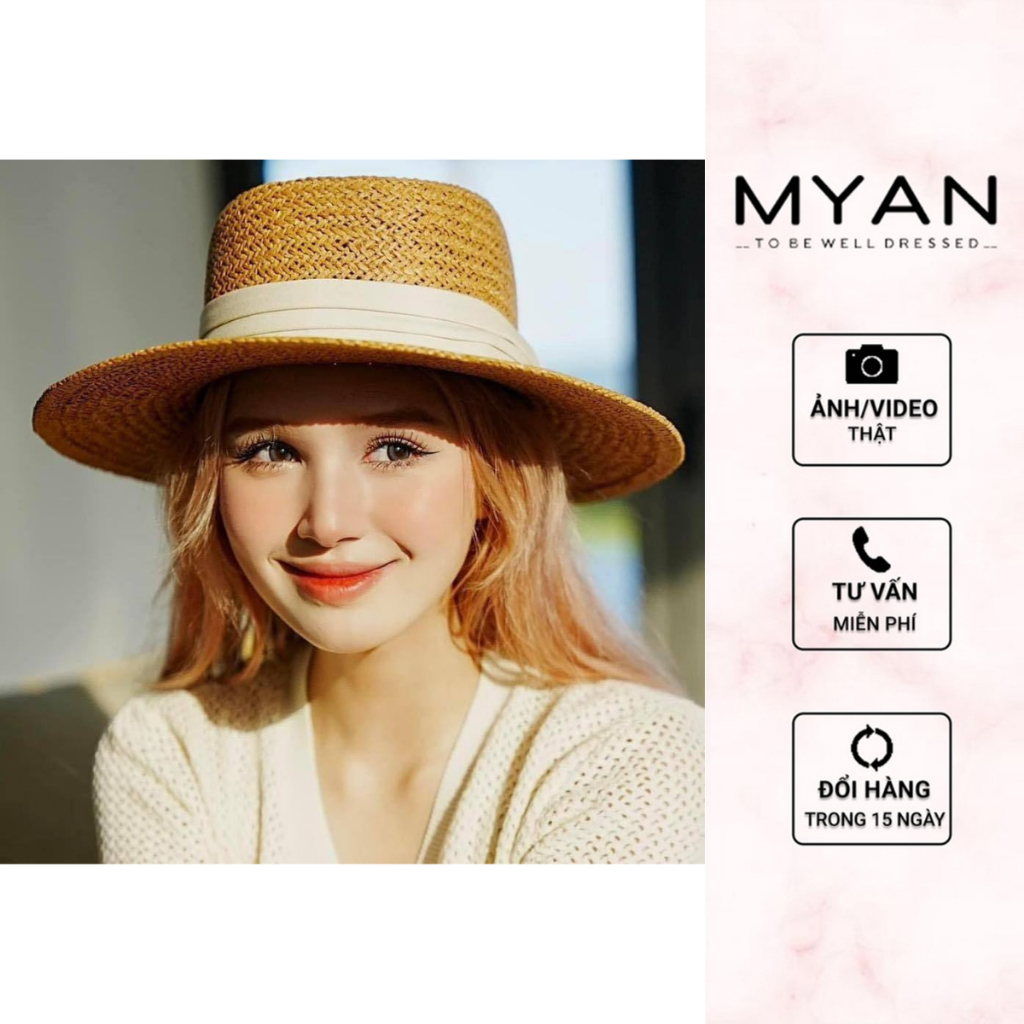 MYAN DESIGN Mũ Cói Đi Biển Rộng Vành Gắn Ruy Băng Phong Cách Vintage MU042408