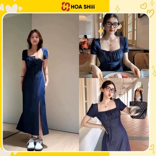 Váy cổ vuông nơ ngực chun sau xẻ tả dáng dài tiểu thư phong cách Hàn Quốc sẵn hàng kèm video