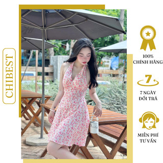Đầm a kate hoa cổ yếm có sẵn đệm nguc , đầm cổ yếm cột cổ , hoạ tiết hoa , 2 lớp dày dặn chibest hdd610