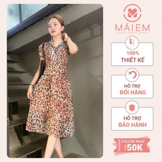 Đầm hoọa tiết da beo cổ vest dự tiệc Mái Em _V2291