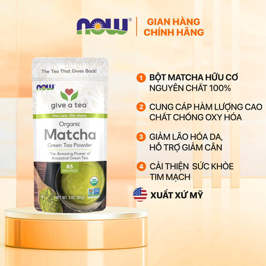 (Hàng loại 1) Bột Matcha hữu cơ nguyên chất 100% (85gr) Now Real Tea, không phụ gia, chất độn