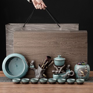 Bộ Ấm Chén Pha Trà Đạo Bằng Sứ Tráng Men Ngọc Lục Bảo Cao Cấp Họa Tiết Hình Chú Tiểu
