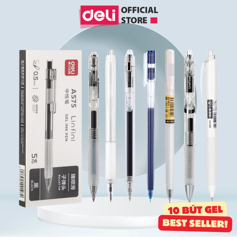 Combo 10 Bút Gel Deli Các Loại Random Nhiều Mẫu Mực Đen Deli - Bút Bi Nước Bấm / Mở Nắp Nhanh Khô Vi