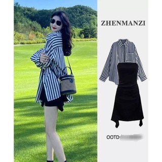 (ORDER) Bộ Váy thun hai dây màu đen thon eo dáng A không đều vạt+ Áo sơ mi kẻ sọc dáng rộng khoác ngoài hàng QC