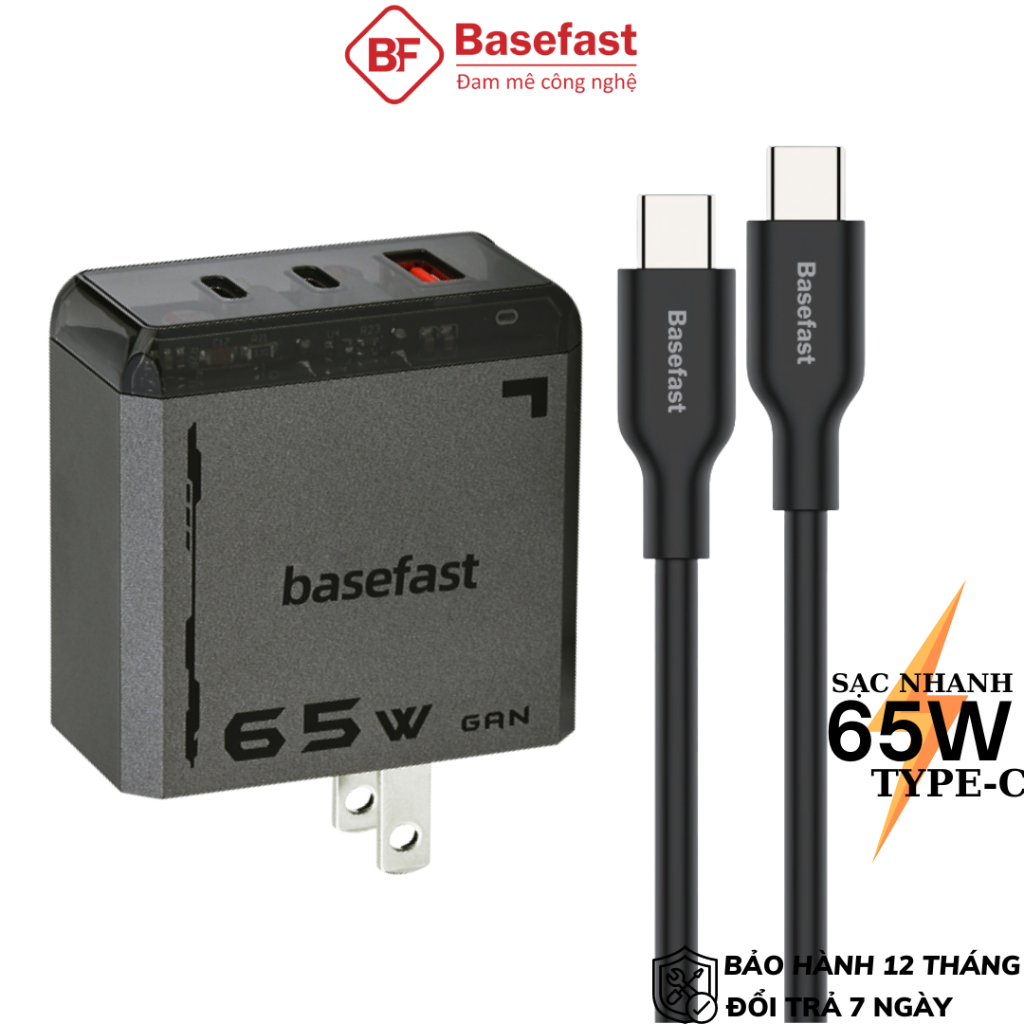 Bộ sạc type c 65W Basefast củ sạc Gan 65W kèm dây silicon cho máy tính bảng laptop samsung Mac Xiaom