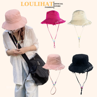 Nón tai bèo tua ra viền rách Trơn gắn hạt màu LOULIHAT, mũ bucket chống nắng rộng vành thời trang Hàn Quốc ulzzang