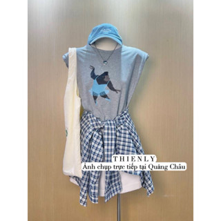 ( Ảnh thật ) 2230 set áo phông đệm vai và khăn buộc kẻ