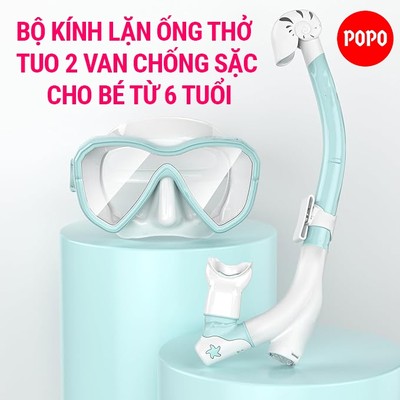 Bộ kính lặn ống thở POPO TUO với 2 van ngăn nước 100%, mắt kính cường lực cho bé từ 4 tuổi