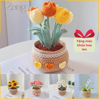 Lọ hoa len tulip, hoa hướng dương, hoa hồng, lưu ly handmade nhiều màu trang trí bàn học, bàn làm việc
