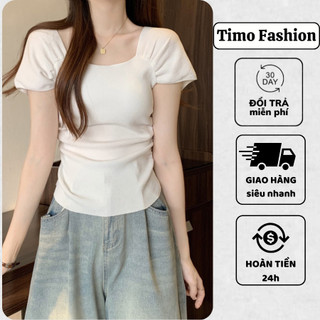 Áo thun cổ vuông tay bồng TIMO, Áo kiểu nữ phong cách tiểu thư sng trọng, vải thun tăm co giãn, mặc đi chơi, AOT149