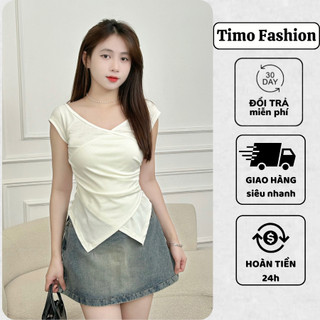 Áo thun vạt chéo TIMO, Áo kiểu trễ vai, cổ áo thuyền, ngắn tay, chất vải thun tăm co giãn, mặc đi chơi, form ôm, AOT145