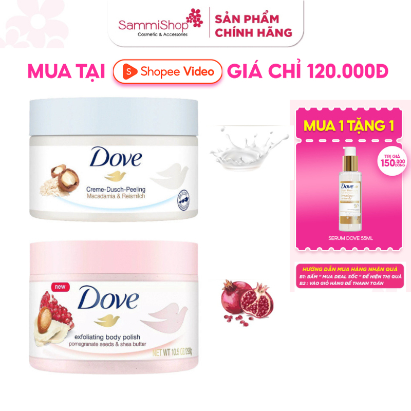 Kem Tẩy Tế Bào Chết Body Dove Chăm Da Sáng Mịn, Giữ Ẩm, Dưỡng Trắng 225ML Bản Đức x78 CT96