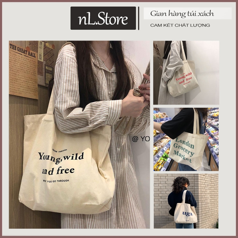 Túi tote vải canvas có khóa kéo size 32x35cm đựng đồ đi học đi làm T14 nl.Store