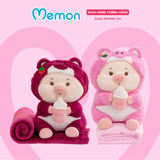 Gối Chăn Mền Heo Lotso Ôm Bình Sữa Memon - Gấu Bông Có Chăn 2in1 Heo Cosplay Gấu Dâu Lotso Cầm Bình Sữa Dễ Thương