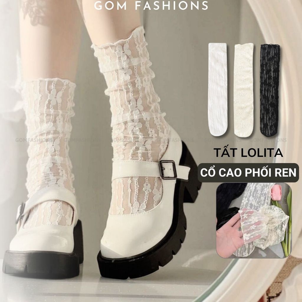 Tất ren trắng cổ cao mỏng GOMTAT, vớ lolita nữ cao cổ họa tiết ren siêu dễ thương - OH-2502