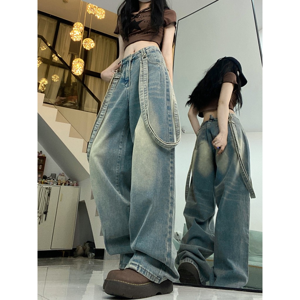 Quần jean nữ dài ống rộng SARAMIA cạp cao vải bò phối dây cá tính màu xanh bụi D18 | BigBuy360 - bigbuy360.vn