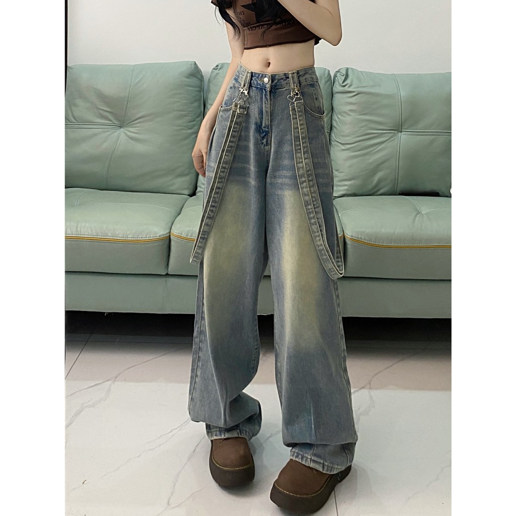 Quần jean nữ dài ống rộng SARAMIA cạp cao vải bò phối dây cá tính màu xanh bụi D18 | BigBuy360 - bigbuy360.vn