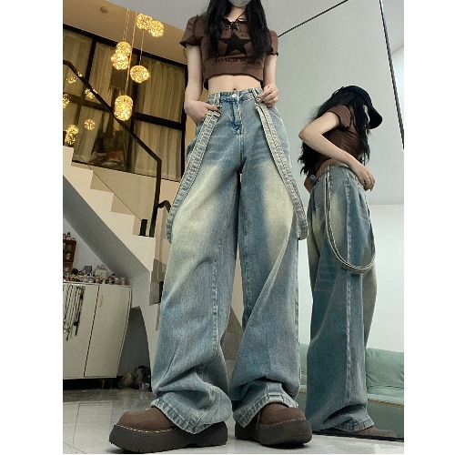 Quần jean nữ dài ống rộng SARAMIA cạp cao vải bò phối dây cá tính màu xanh bụi D18 | BigBuy360 - bigbuy360.vn