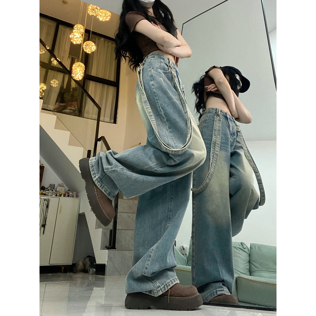 Quần jean nữ dài ống rộng SARAMIA cạp cao vải bò phối dây cá tính màu xanh bụi D18 | BigBuy360 - bigbuy360.vn