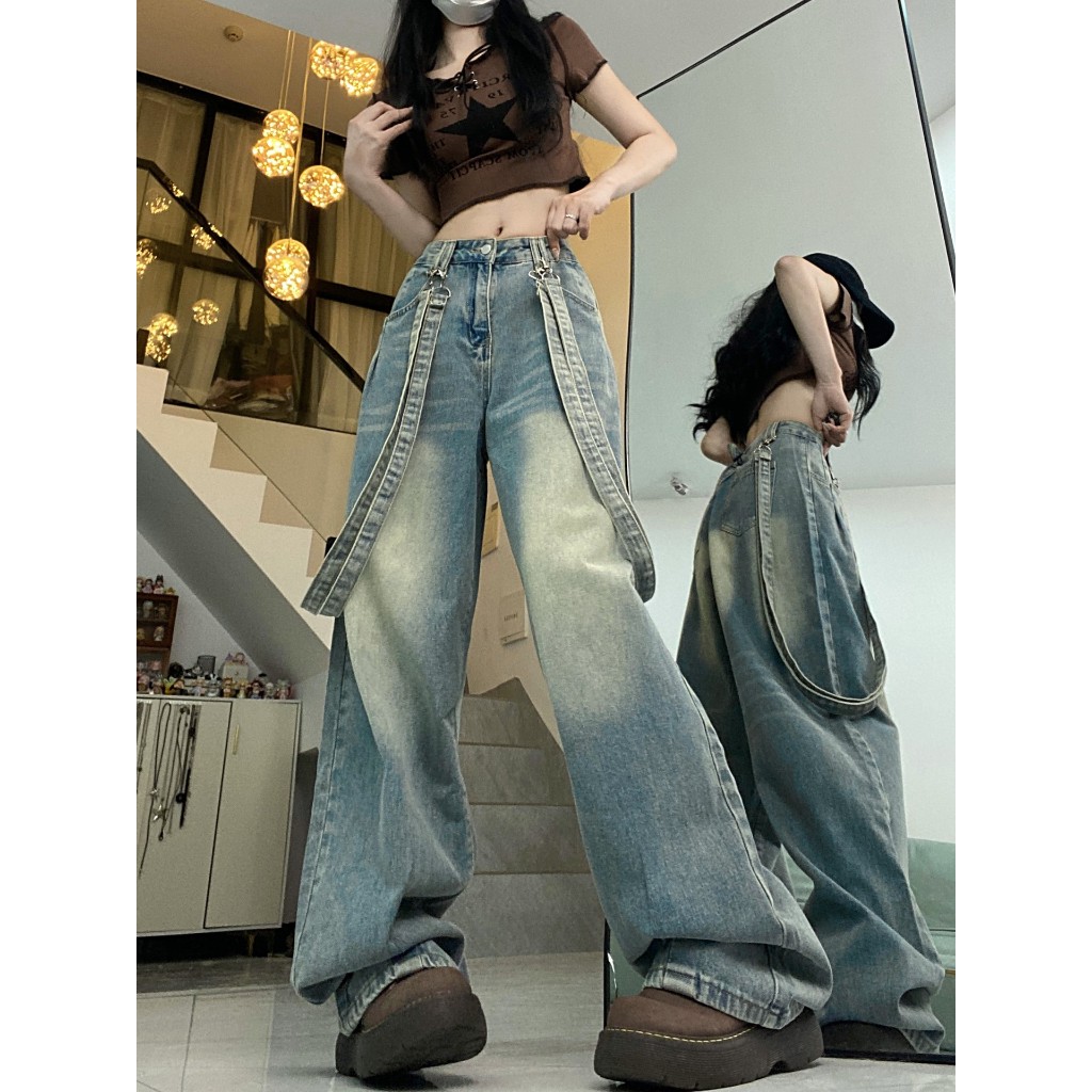 Quần jean nữ dài ống rộng SARAMIA cạp cao vải bò phối dây cá tính màu xanh bụi D18 | BigBuy360 - bigbuy360.vn