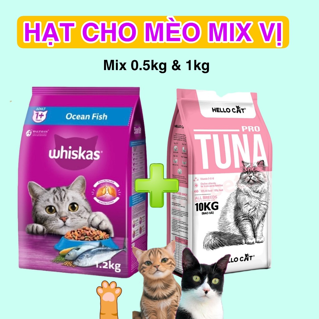 Thức ăn hạt cho mèo mix vị Whiskas và Hello Cat thơm ngon dinh dưỡng