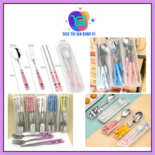 Set 3 món thìa đũa muỗng văn phòng,inox cao cấp có hộp đựng, họa tiết ngẫu nhiên, dã ngoại, du lịch cho bé