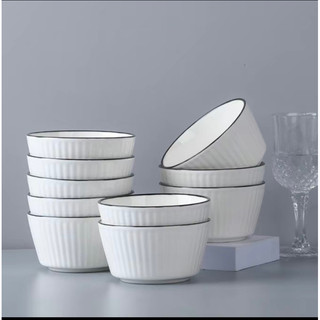 Bô bát đĩa chén đĩa compo 10 bát ăn cơm trắng viền đen chân vuông đẹp sắc nét , tráng men cao cấp