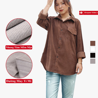 Áo Sơ Mi Nhung Tăm Tay Dài Nam Nữ Madela Trẻ Trung Năng Động, Sơ Mi Nhung Tăm Phong Cách Hàn Quốc